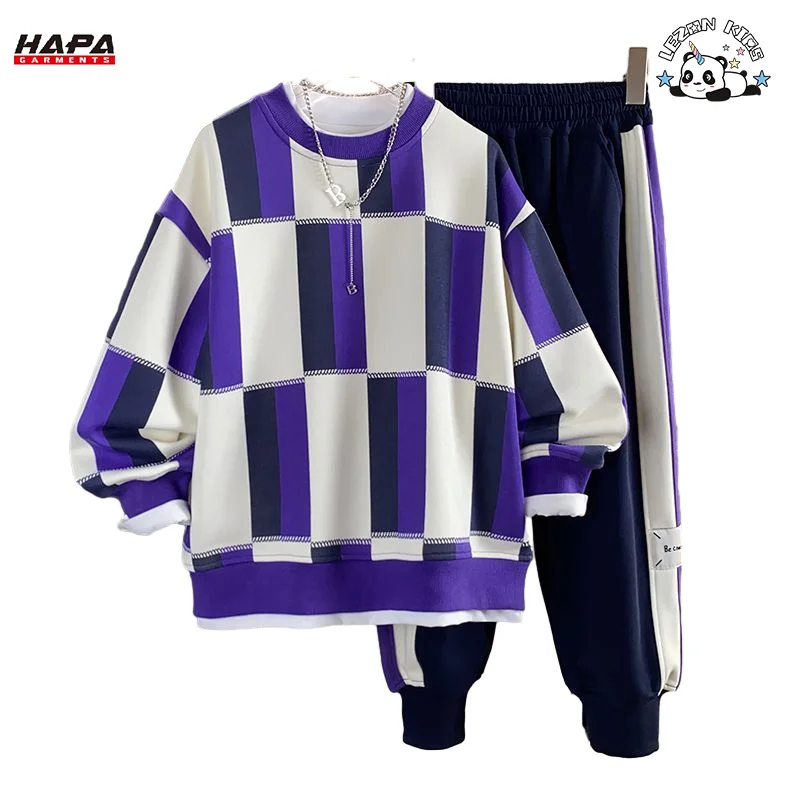 LEZONKIDS - Factory Hot Sale Long Sleeve Long Pants Plaid Printing Boys Suit Casual Sweatshirt Boy Sets
